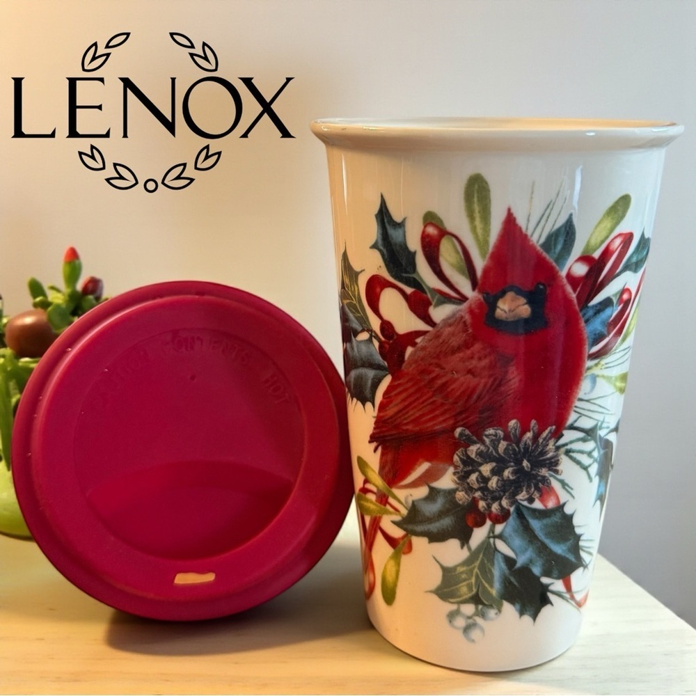 Lenox Winter Greetings Cardinal Thermal Travel Mug 12oz Ceramic with Red Lid